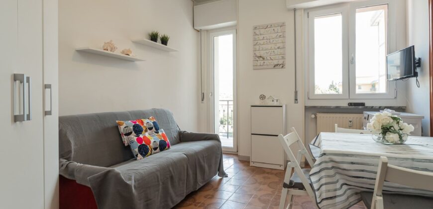 MONOLOCALE RISTRUTTURATO ED ARREDATO CON AMPIO BALCONE E VISTA APERTA –  VIA RAFFAELLO  – 400 m DAL MARE – BORGHETTO SANTO SPIRITO